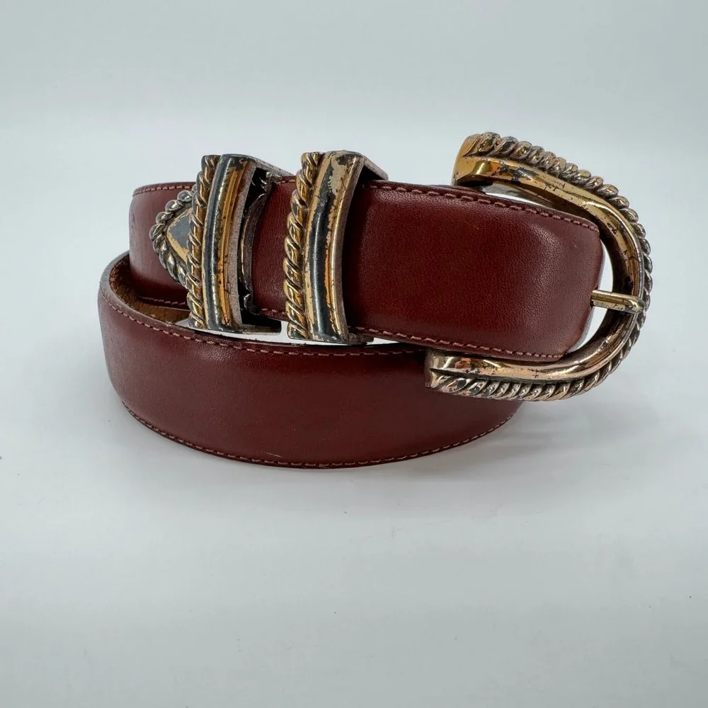 Vtg 90s Brighton Belt Womens S Brown Leather Gold Silver Buckle 1993 Western